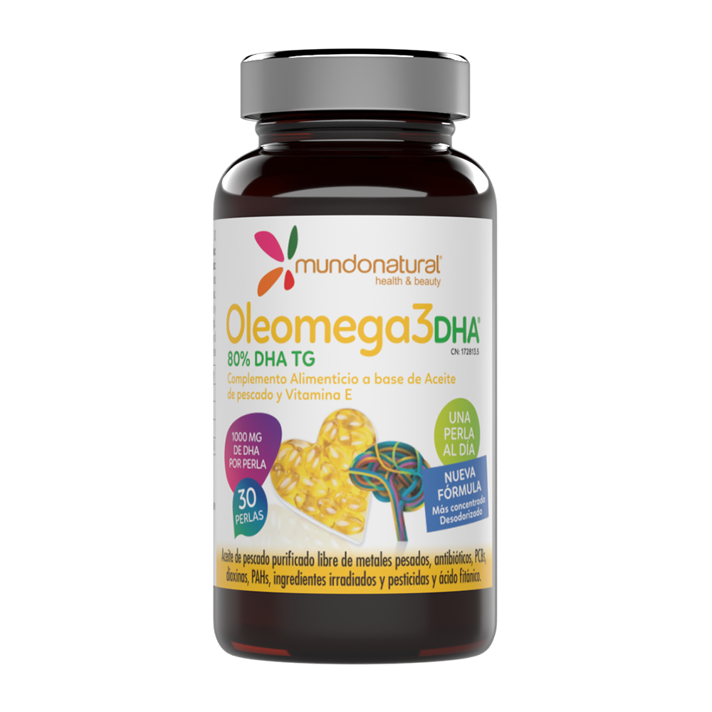 Complemento a base de aceite de pescado (desodorizado) en su forma natural de Triglicéridos, con un alto contenido por perla de Omega 3 (1000 mg de DHA y 93,3 mg de EPA).
Es un producto rico en Omega 3, de ellos una mayor proporción de DHA, 1000 mg DHA por perla (80 %).