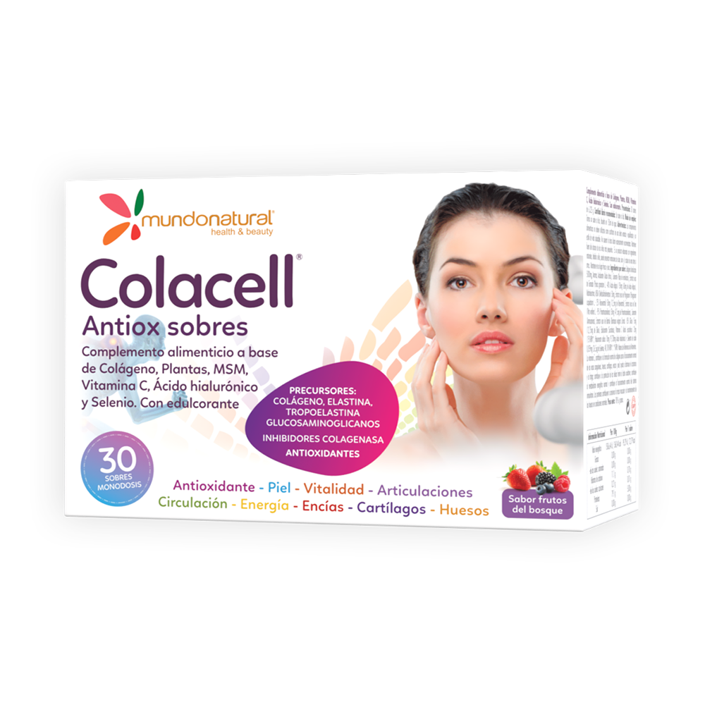 Colacell es un complemento natural a base de colágeno hidrolizado puro. Contiene Extractos de Granada, Uva. Aporte de Silicio orgánico (bambú), ácido hialurónico y vitamina C.